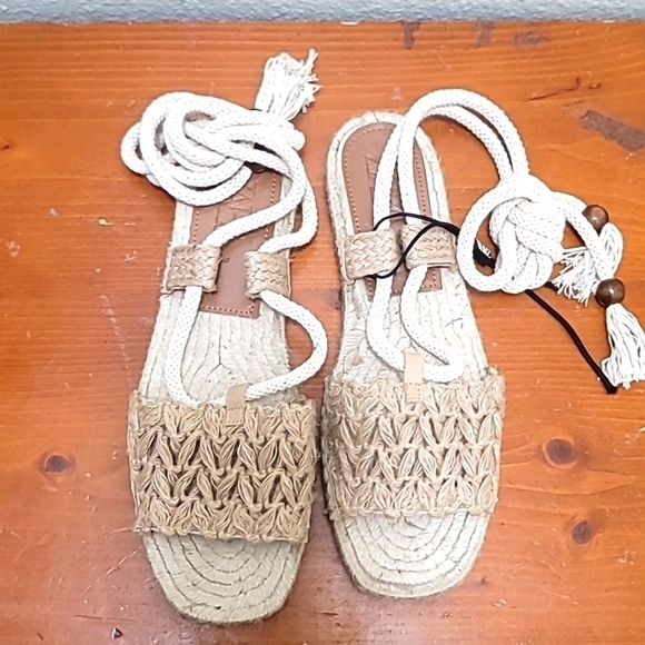 ZARA ESPADRILLES WOMEN'S TAN WOVEN JUTE SOLE ANKLE TIE SIZE 39 US 8.5 - Picture 5 of 8